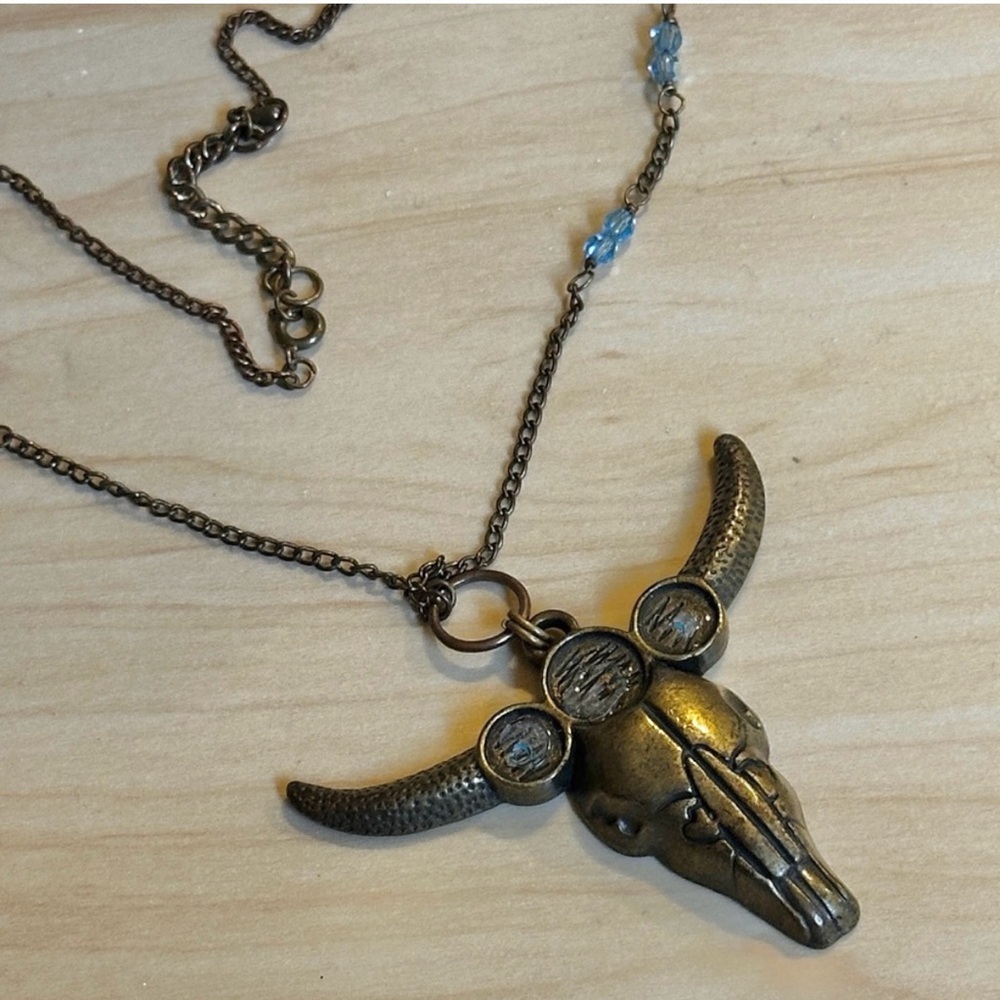 Western / Cow / Longhorn / Cowboy Cowgirl long necklace - blue stones pendant